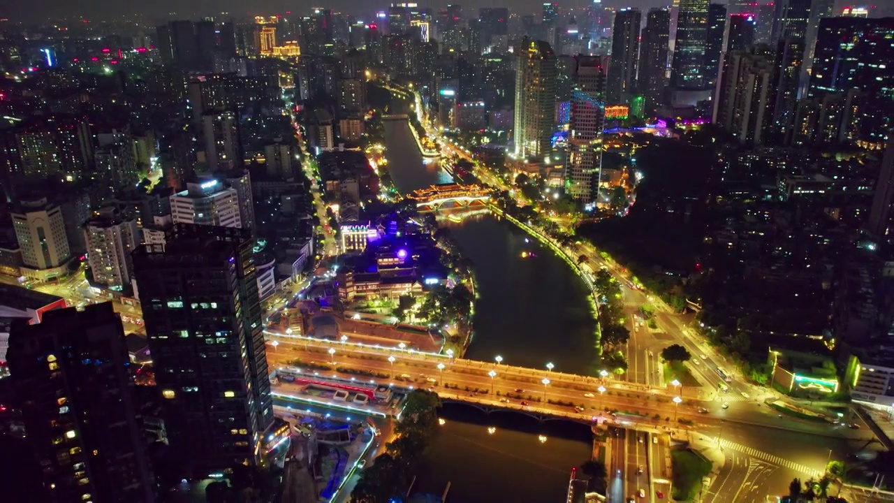 成都九眼桥安顺廊桥府南河夜景航拍实时视频素材