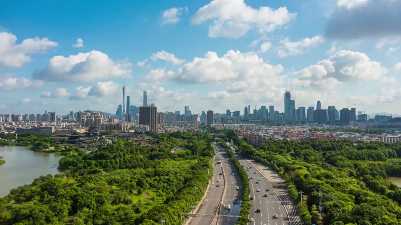 广州新文化馆蓝天城市建筑群海珠区大塘延时航拍视频素材