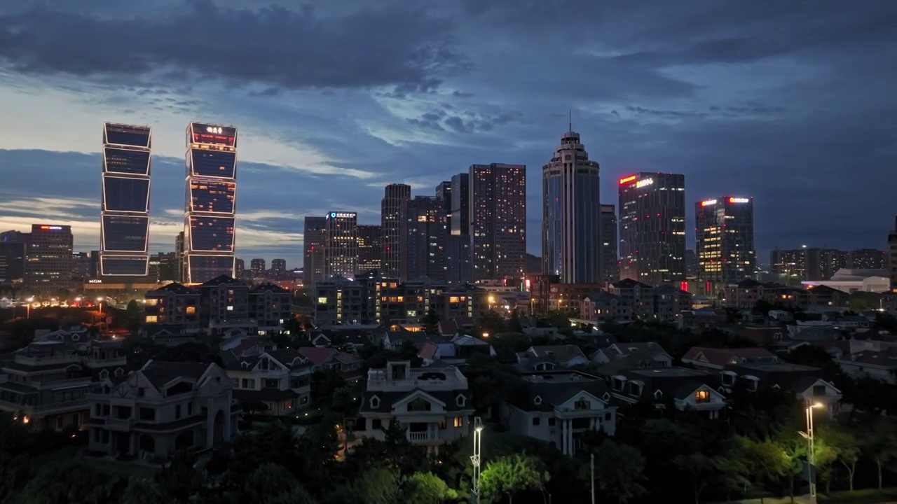 青岛崂山区CBD夜景航拍视频素材