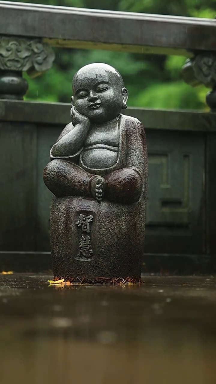 雨中冥想的石刻小佛视频素材