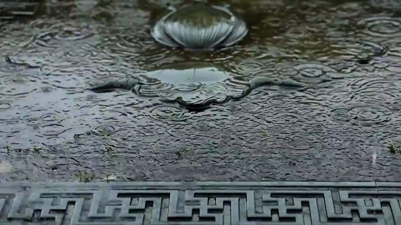 雨水滴落在地面石阶雕刻上视频素材