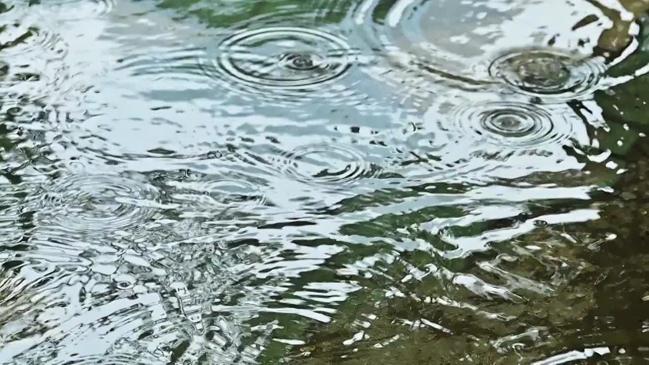 雨水滴落在水面上溅起的水花圆圈水泡视频素材