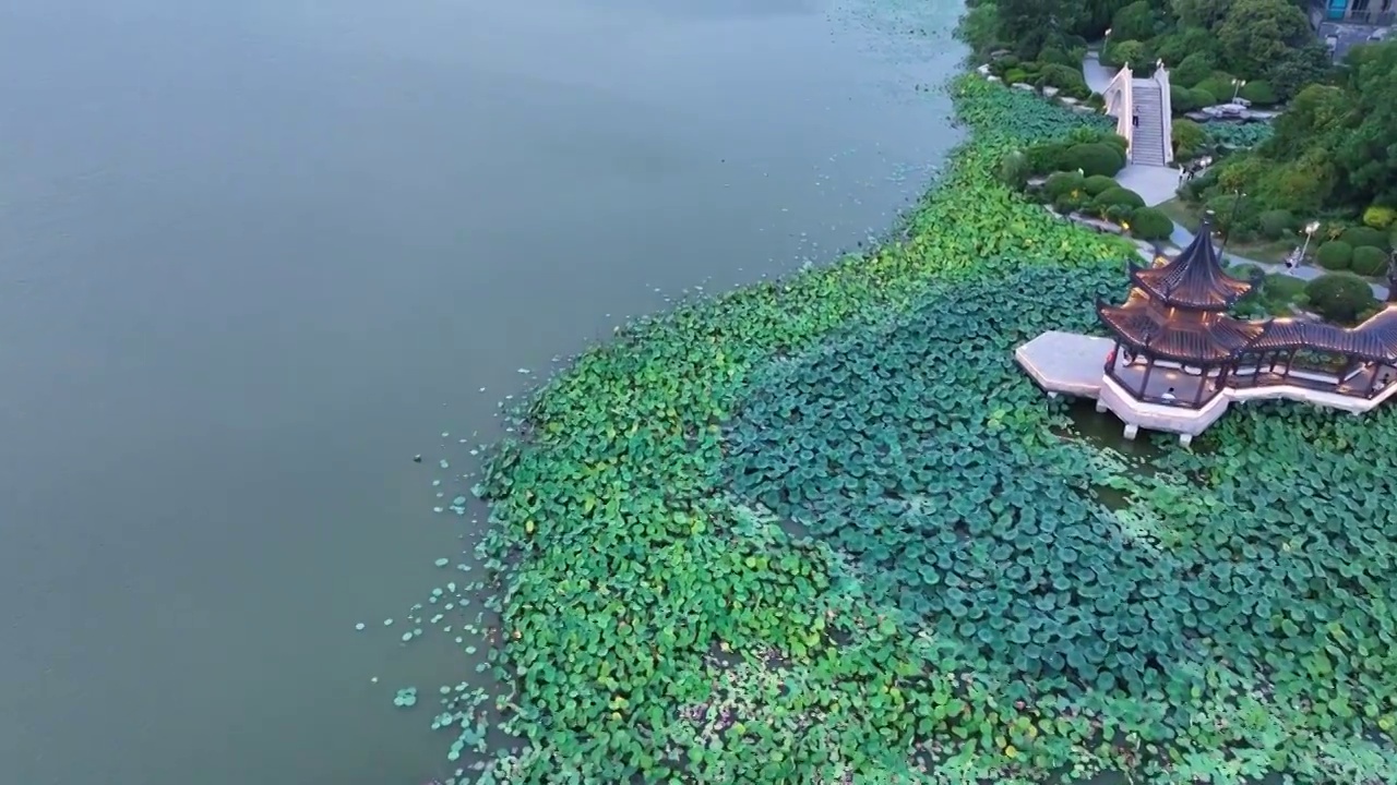 徐州云龙湖风景区小南湖中式园林水榭亭台小船视频素材