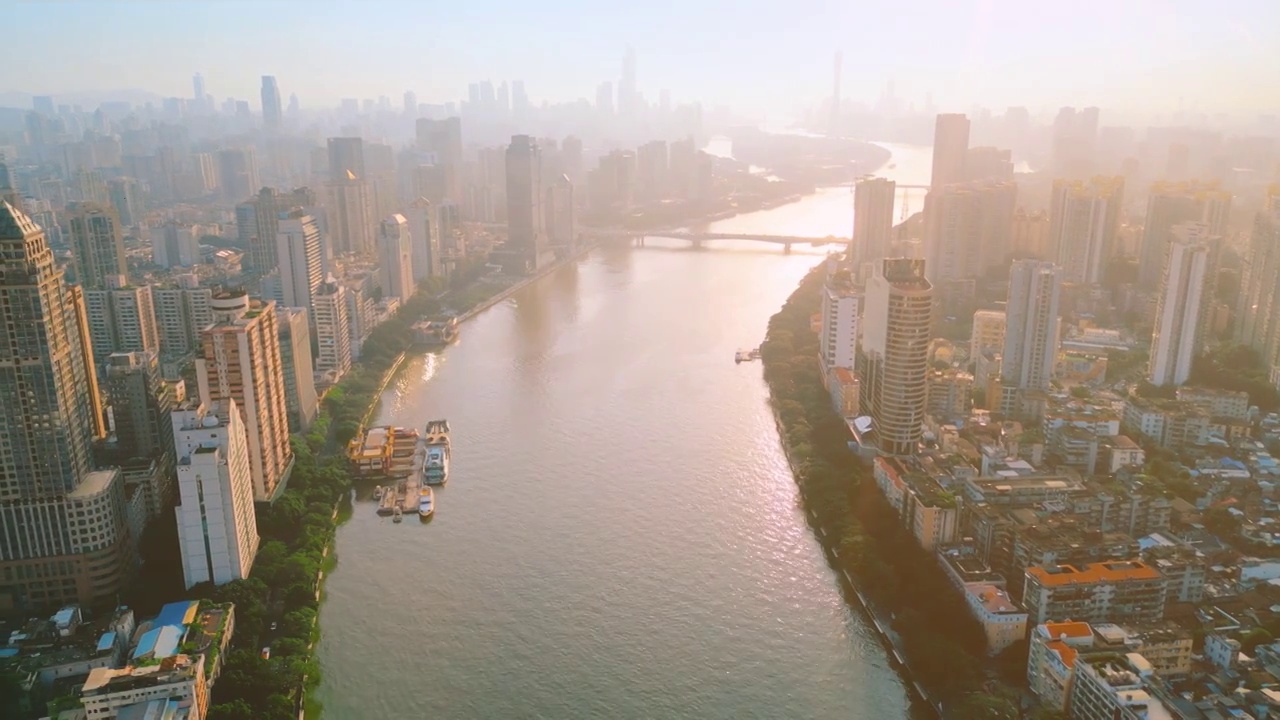 广州越秀海珠天气晴朗阳光普日出东方照珠江两岸风景壮美城市发展一览无遗碧水蓝天美好诗篇国家文明国际城市视频素材