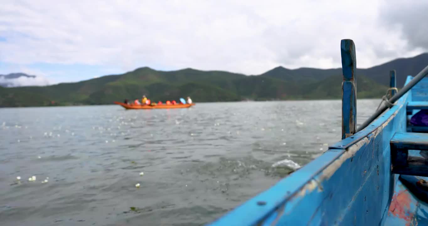 旅游景区：游船在飘满水性杨花的泸沽湖泛舟前行视频素材