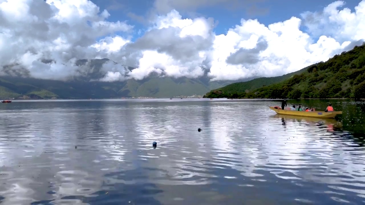 旅游景区：泸沽湖洛洼码头的蓝天白云与湖水风光视频素材