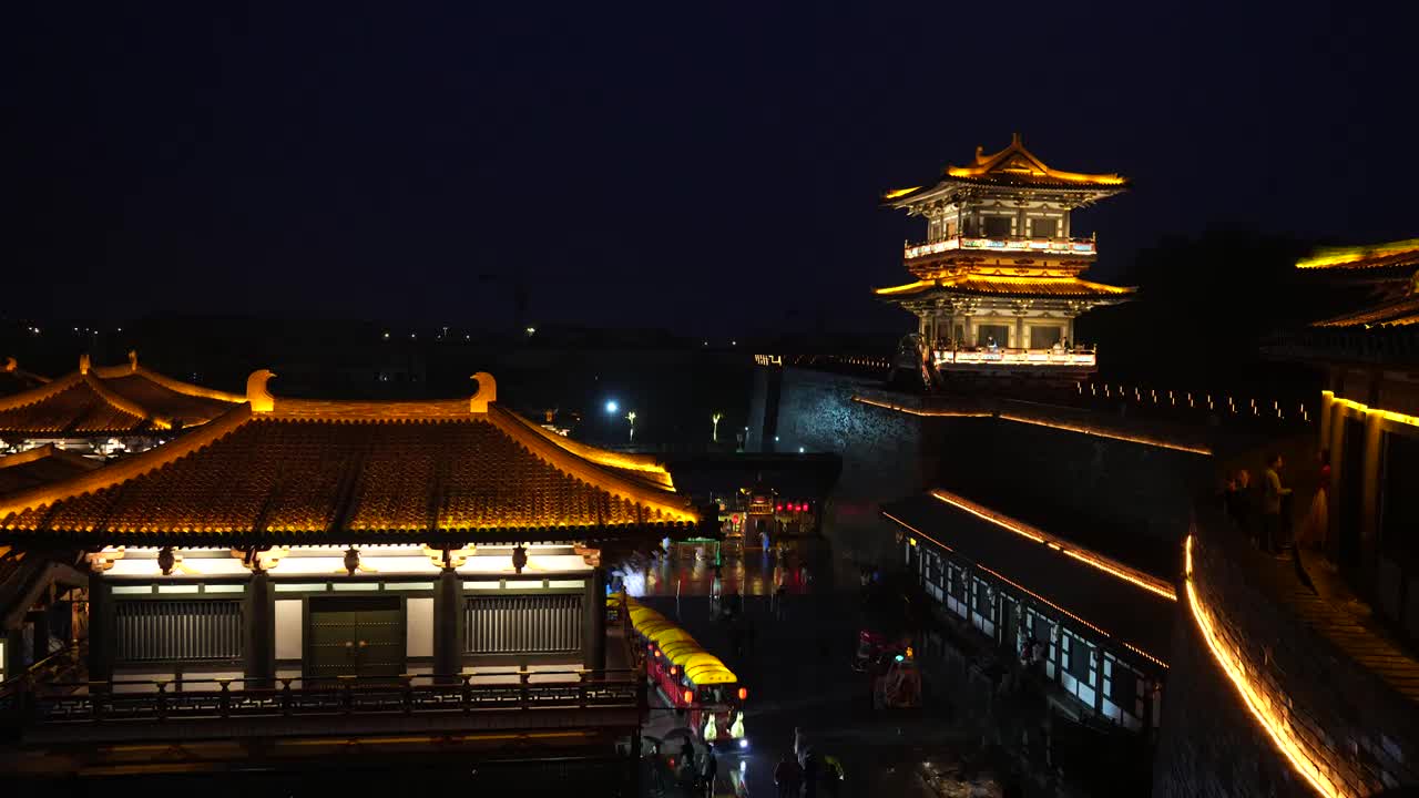 湖北襄阳旅游影视城唐城仿古建筑群夜景视频素材