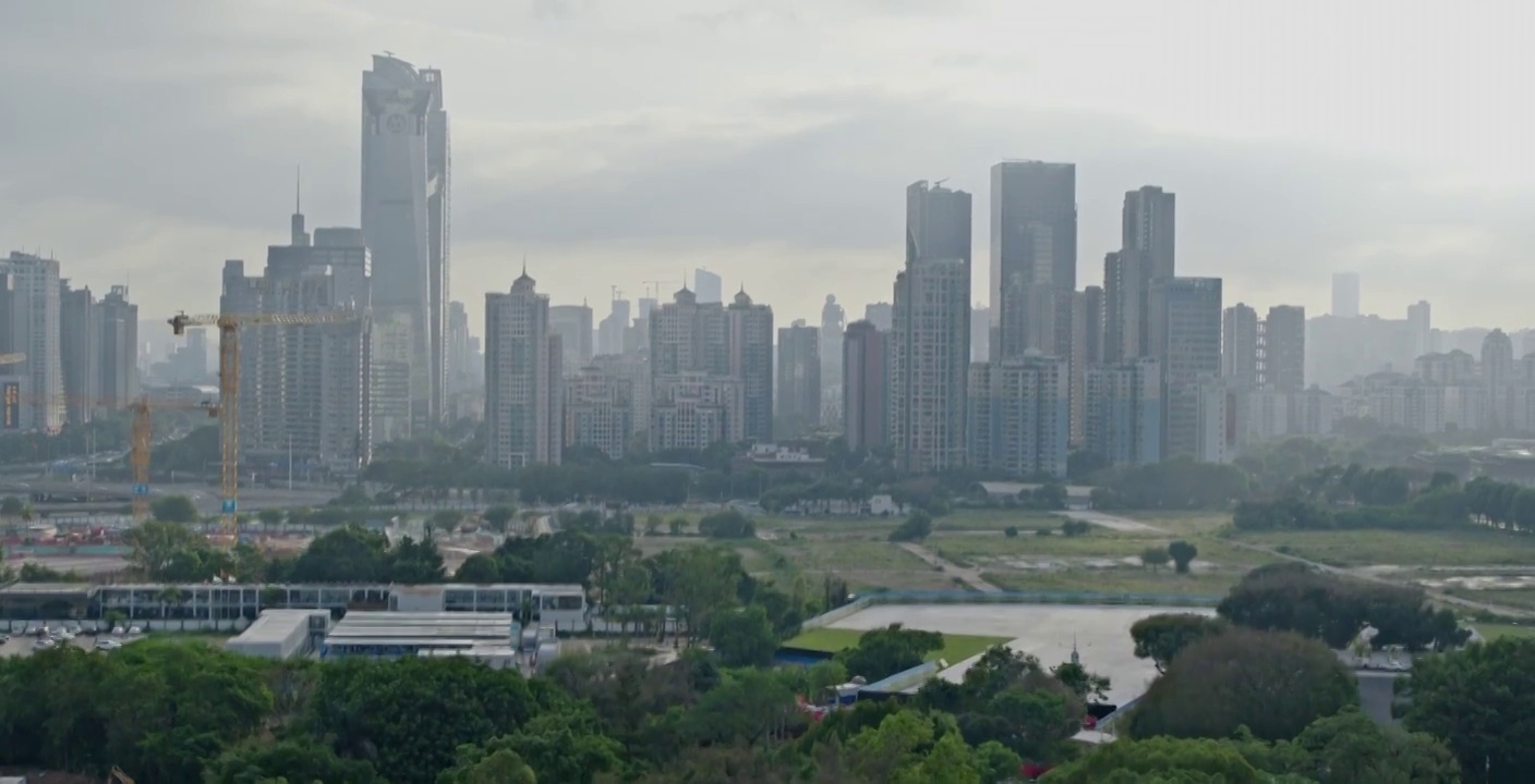 从树木前景升起看向深圳车公庙大景视频素材