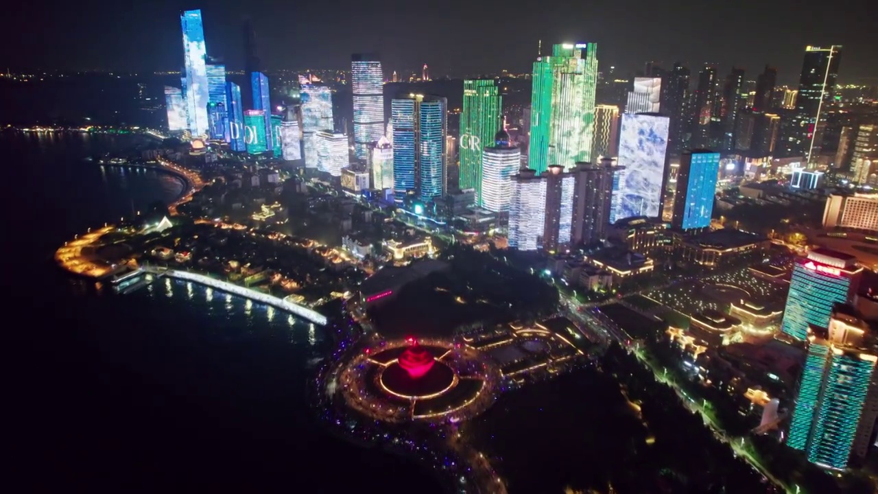 中国山东青岛五四广场城市夜景灯光秀航拍视频素材