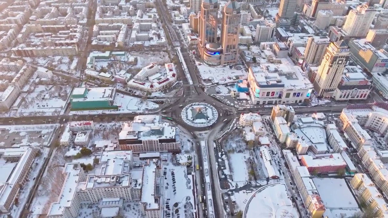 中国黑龙江哈尔滨城市雪景风光航拍视频素材