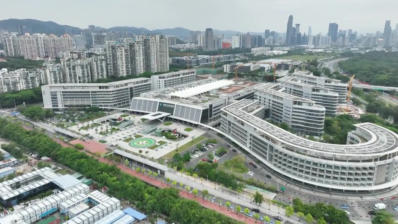 航拍香港大学深圳医院建筑外立面视频素材