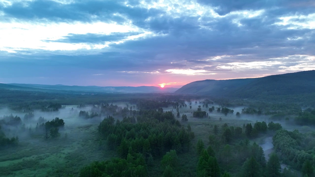 航拍夕阳下的云雾森林视频素材画面3