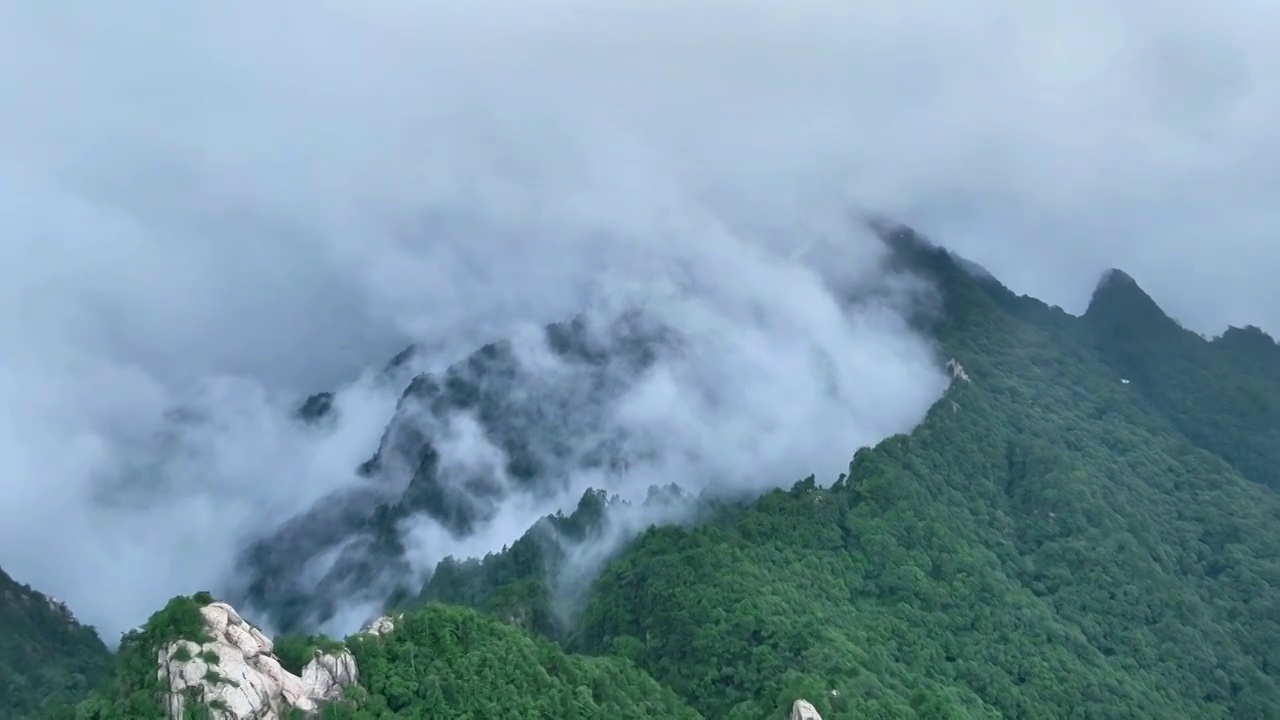 航拍云海云雾缭绕的河南省洛阳市5A景区白云山视频素材