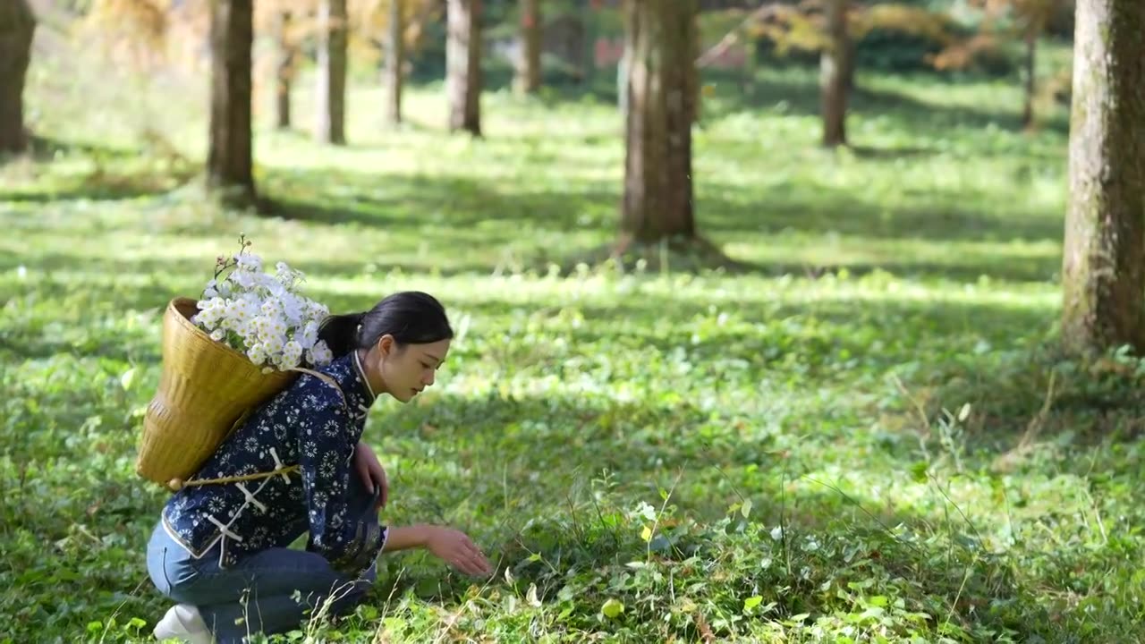 一位美丽的土家姑娘在湖北利川小河水杉植物园里游玩视频素材