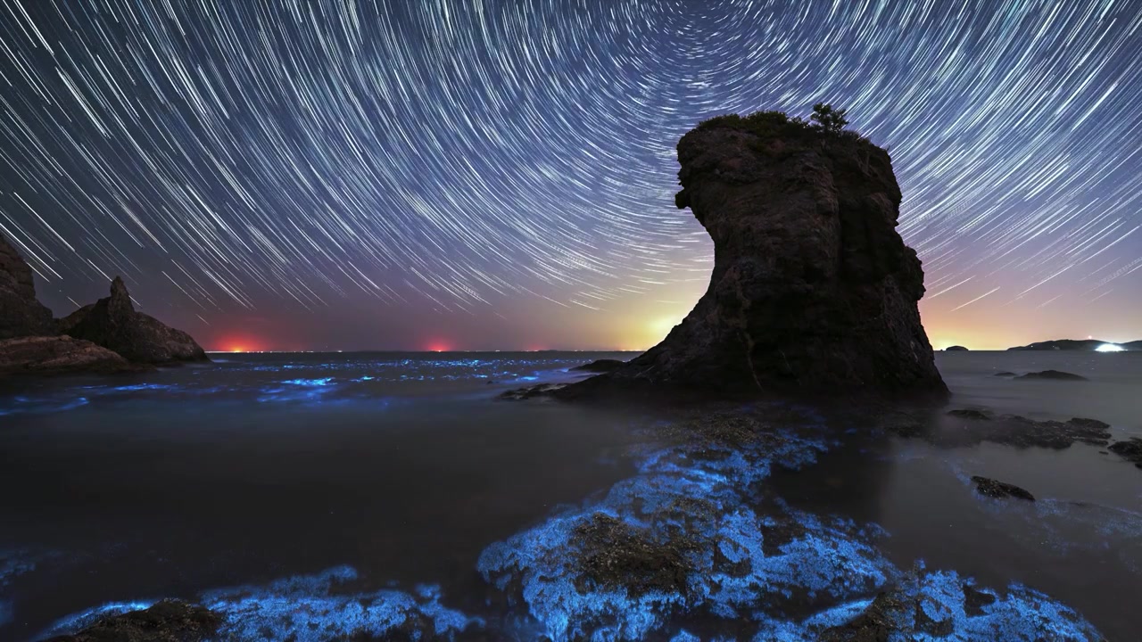 大连小黑石荧光海星轨星空延时视频视频素材