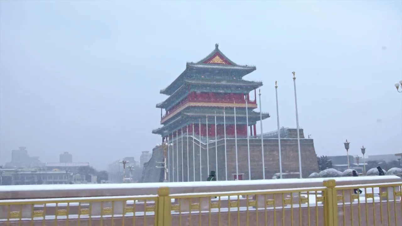 下雪中的北京正阳门前门大街视频素材