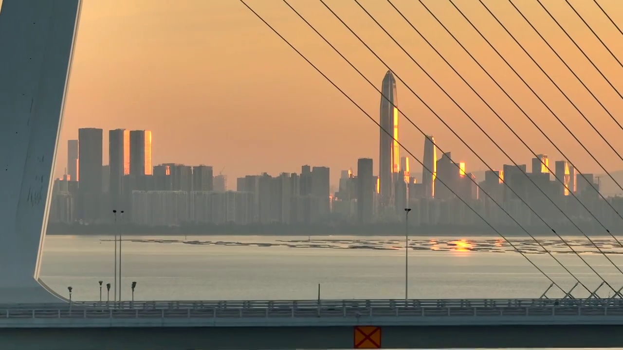 航拍深圳湾公路大桥与城市天际线视频素材