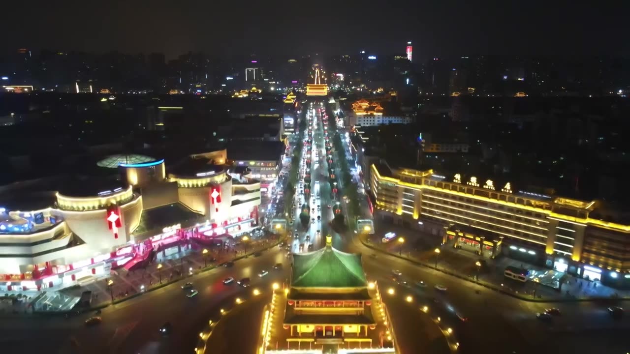 西安钟楼街道夜景航拍视频素材