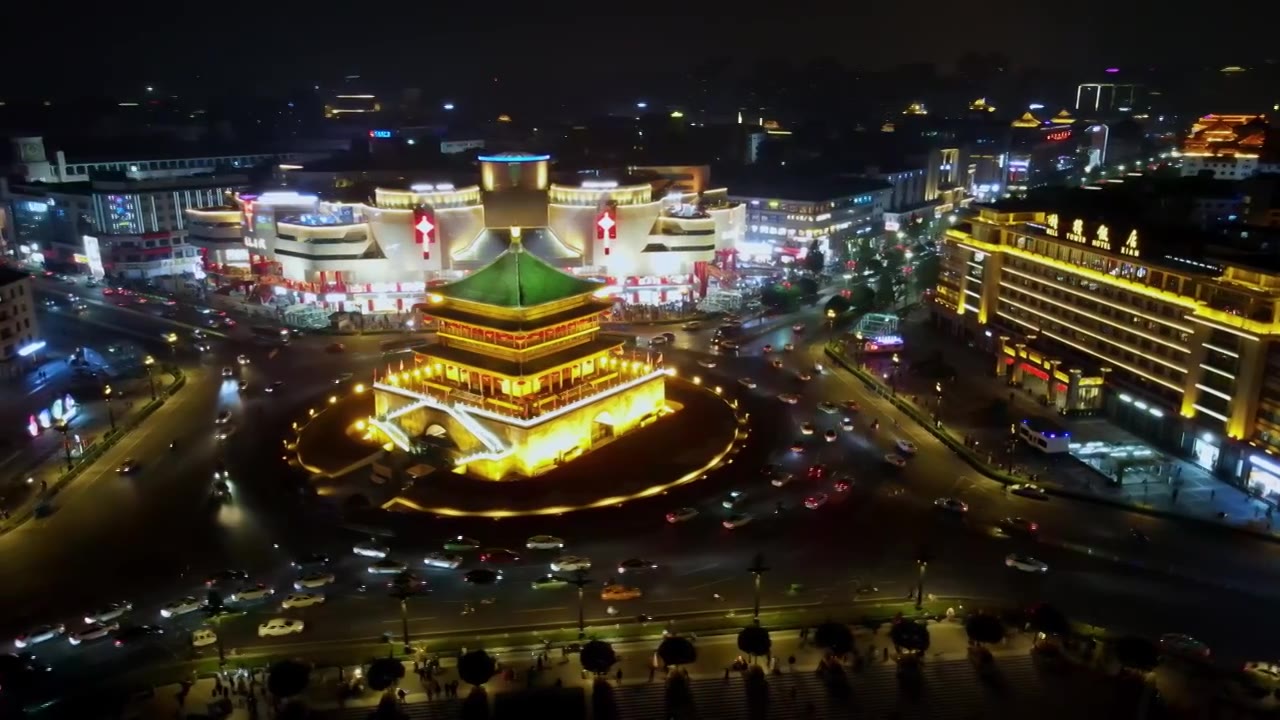 西安钟楼街道夜景航拍视频素材