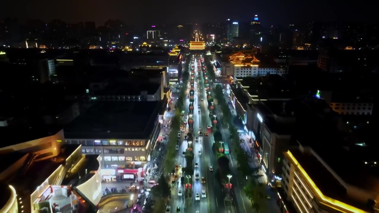 西安永宁门城楼街道夜景航拍视频下载