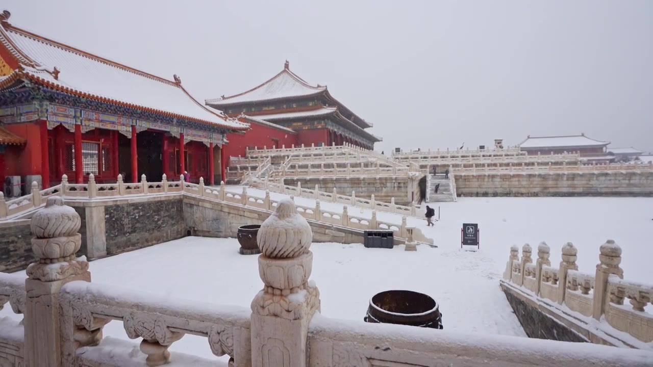 北京故宫博物院雪中美丽风景  雕栏玉砌视频素材