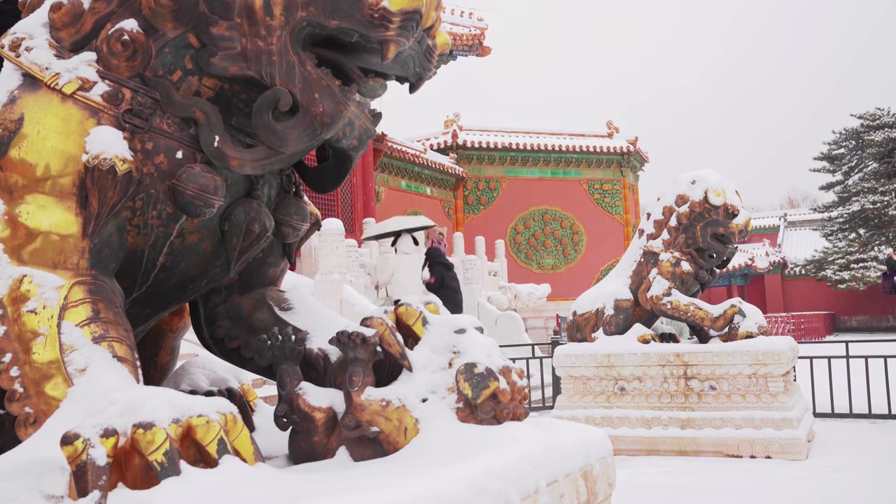 冬天雪中故宫的一些雕刻的动物 艺术视频素材