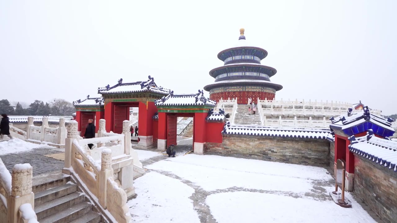 北京市天坛公园祈年殿棂星门皇穹宇雪景视频素材