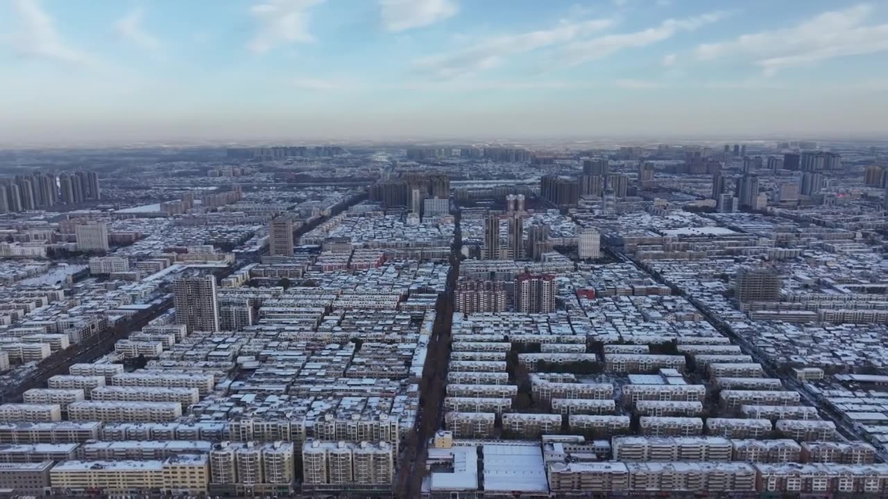 高视角城市天际线雪景视频素材