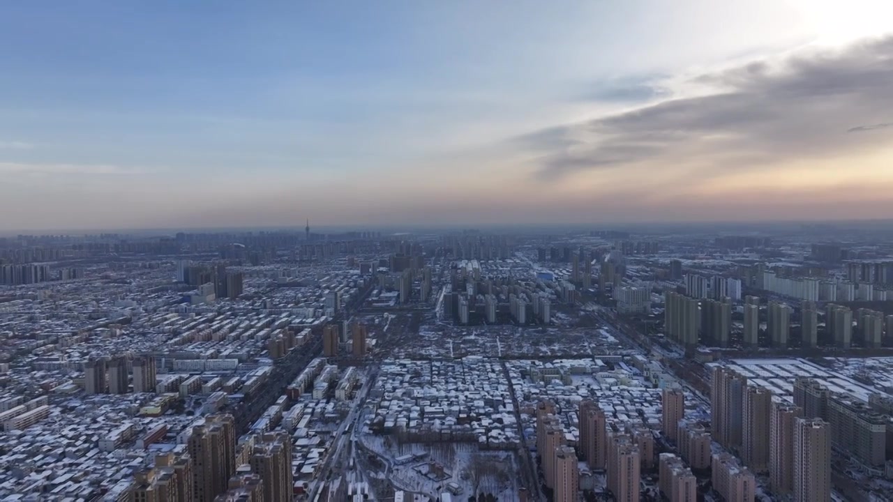 高视角城市天际线雪景视频素材