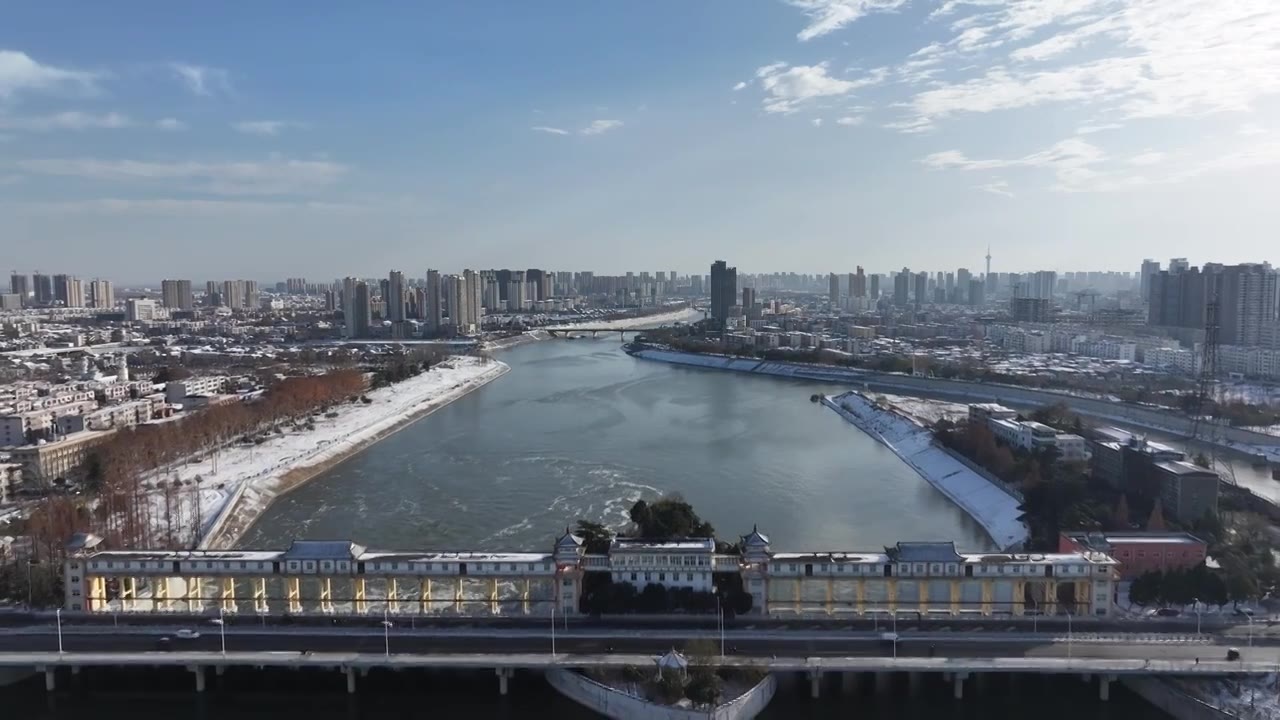 周口沙颍河城市大景雪景视频素材