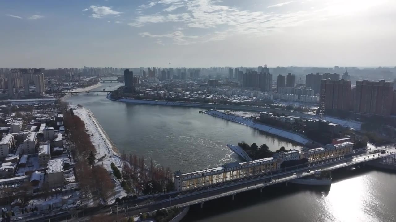 周口沙颍河城市大景雪景视频素材