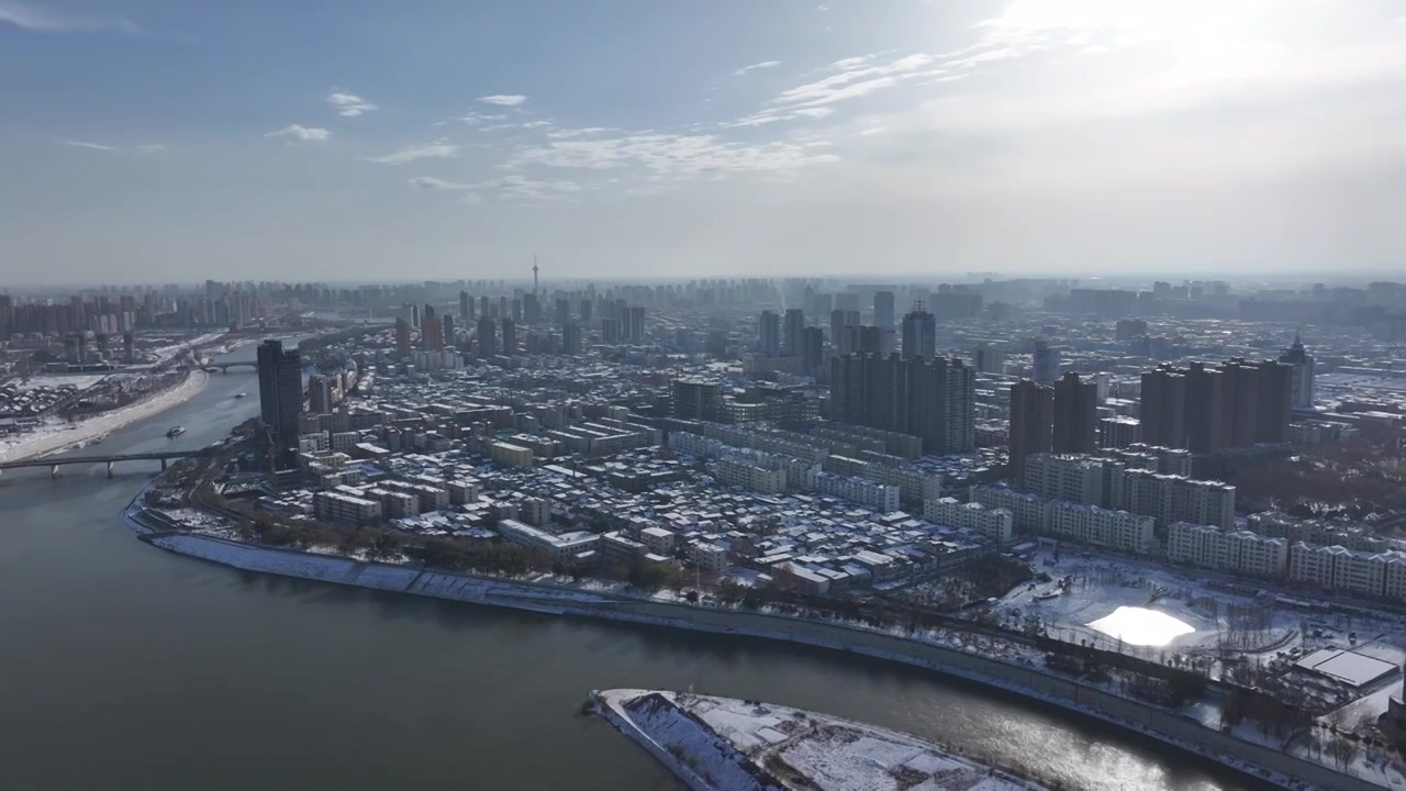 周口沙颍河城市大景雪景视频素材