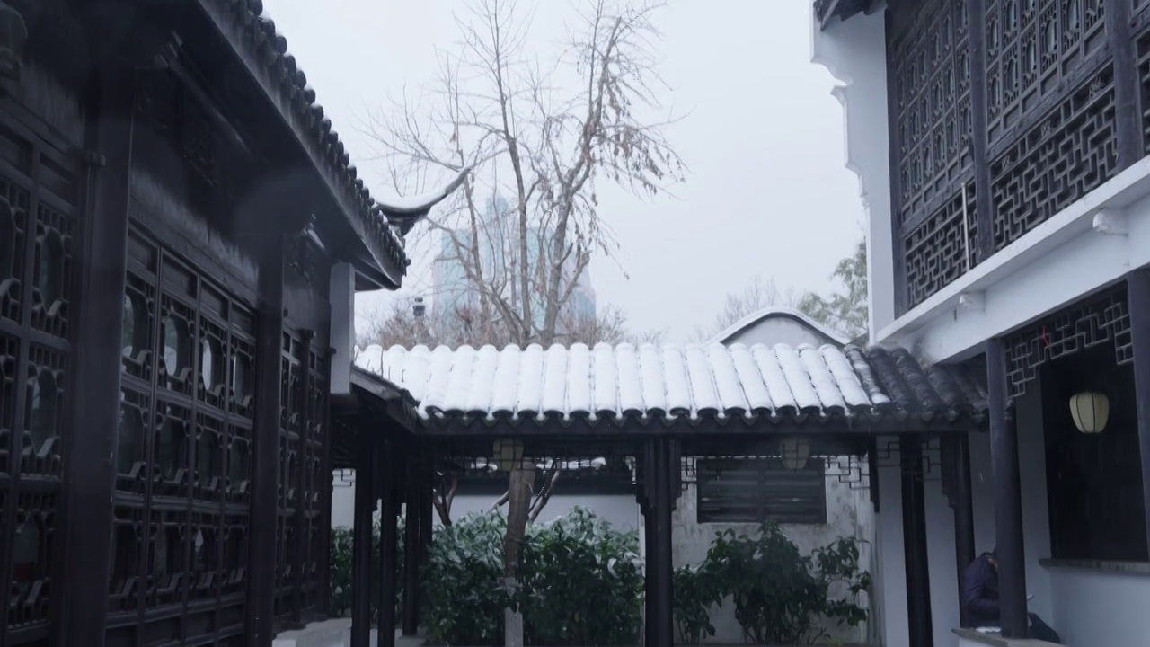 下雪中的江南园林，雪中的江阴兴国公园，雪中的中山公园，江南园林雪景，下雪，雪景，江阴市园林雪景视频素材