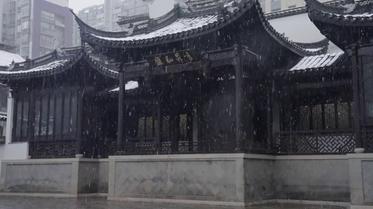 下雪中的江南园林，雪中的江阴兴国公园，雪中的中山公园，江南园林雪景，下雪，雪景，江阴市园林雪景视频素材