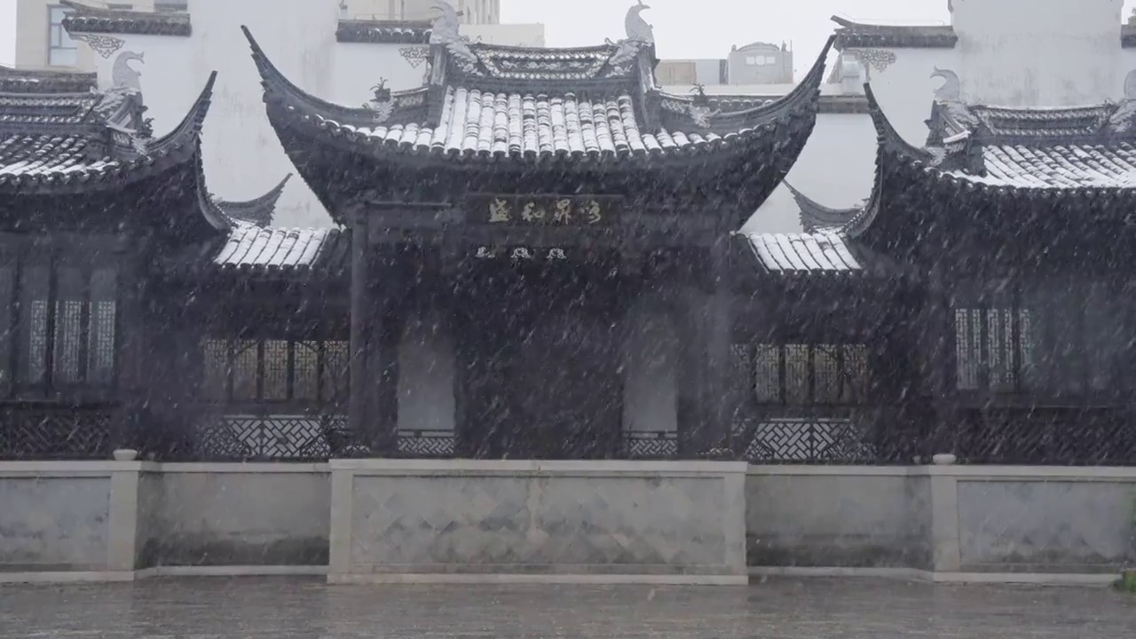 下雪中的江南园林，雪中的江阴兴国公园，雪中的中山公园，江南园林雪景，下雪，雪景，江阴市园林雪景视频素材