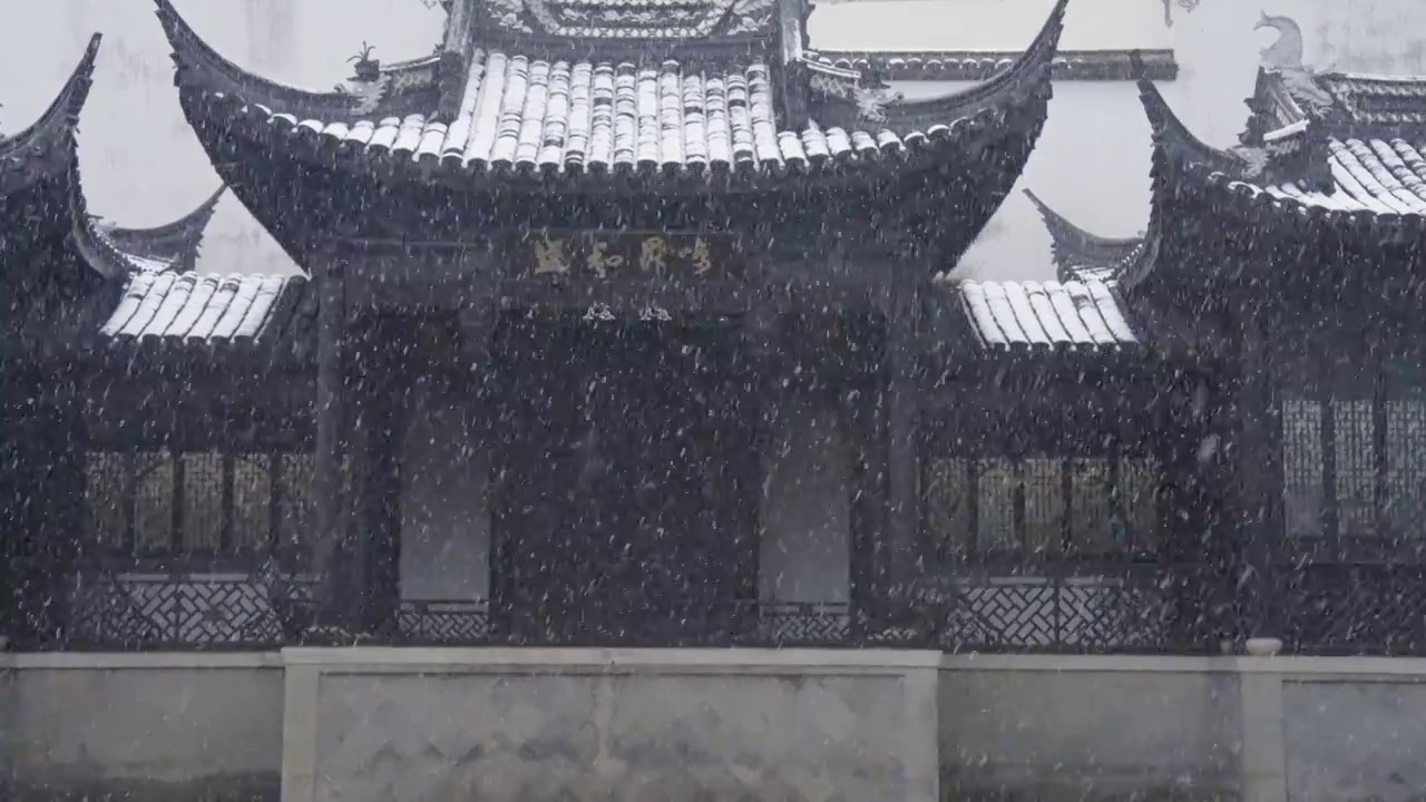 下雪中的江南园林，雪中的江阴兴国公园，雪中的中山公园，江南园林雪景，下雪，雪景，江阴市园林雪景视频素材