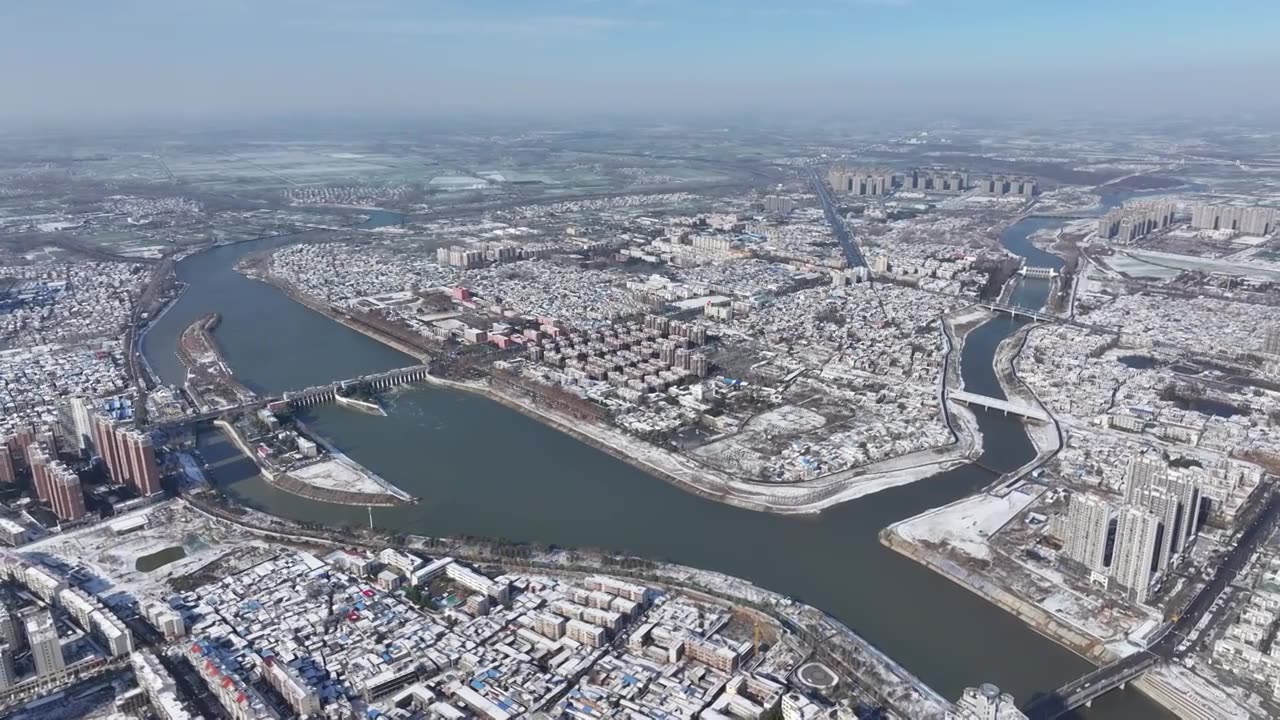 周口沙颍河贾鲁河交汇高空大景雪景视频素材