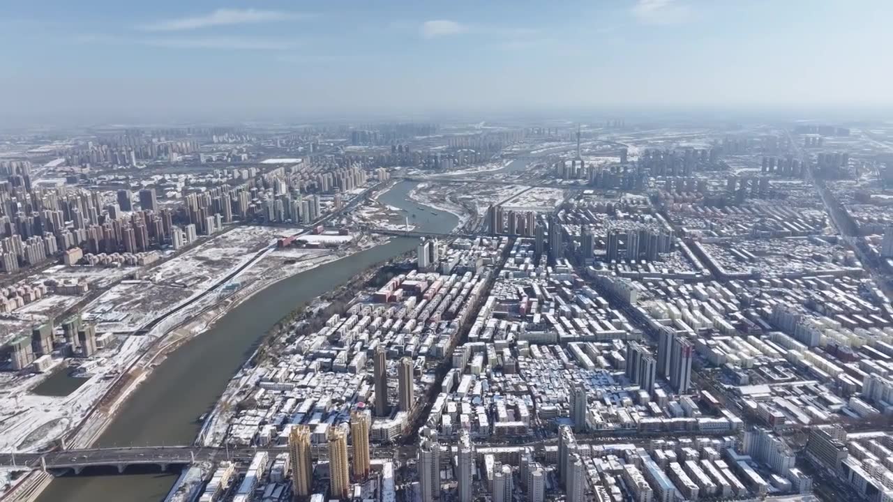 周口城市天际线雪景高视角视频素材