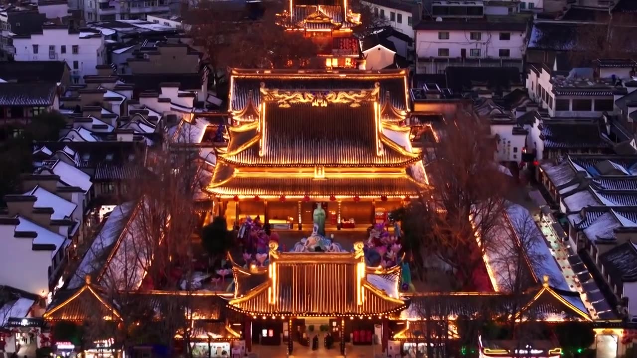 航拍南京夫子庙冬季雪景日落夜景 商业街大成殿龙照壁游船视频素材