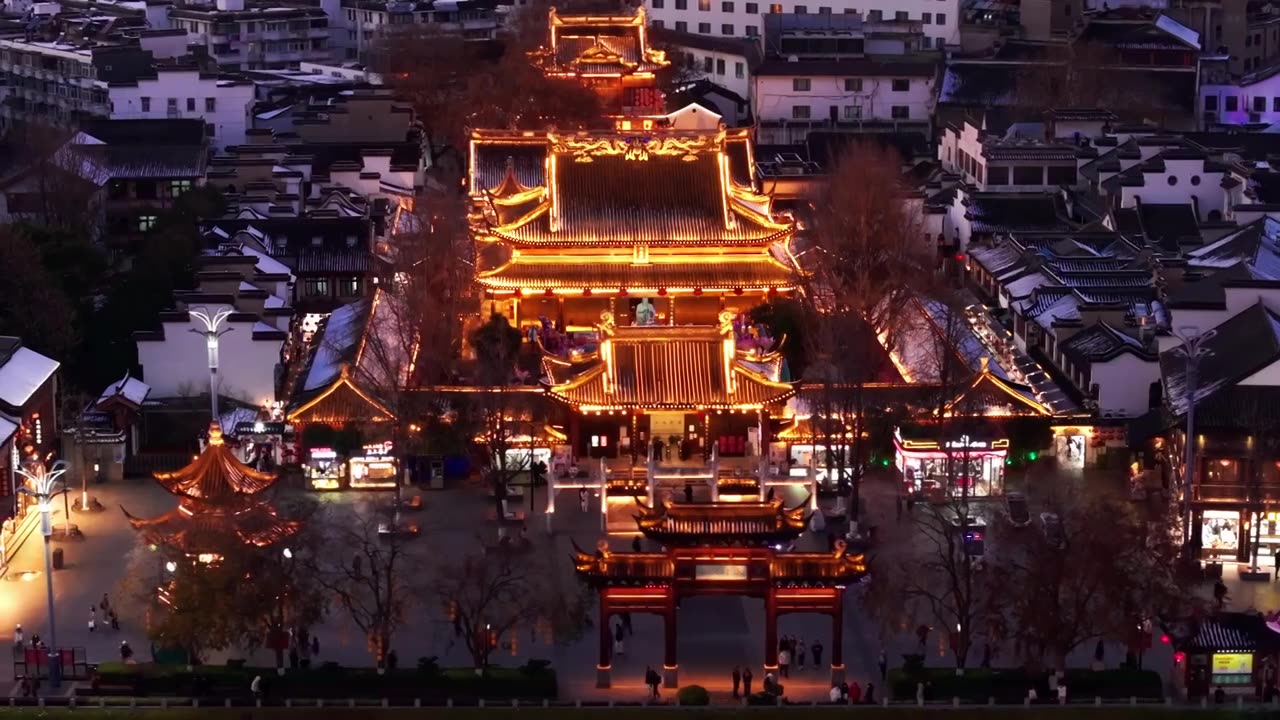 航拍南京夫子庙冬季雪景日落夜景 商业街大成殿龙照壁游船视频素材