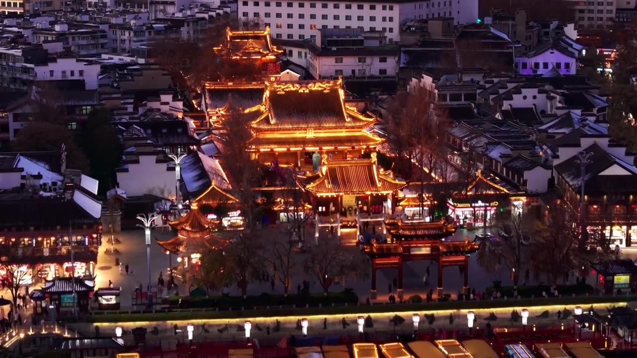 航拍南京夫子庙冬季雪景日落夜景 商业街大成殿龙照壁游船视频素材