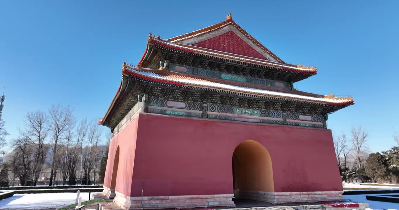 北京明十三陵神路长陵神功圣德碑亭雪景视频素材