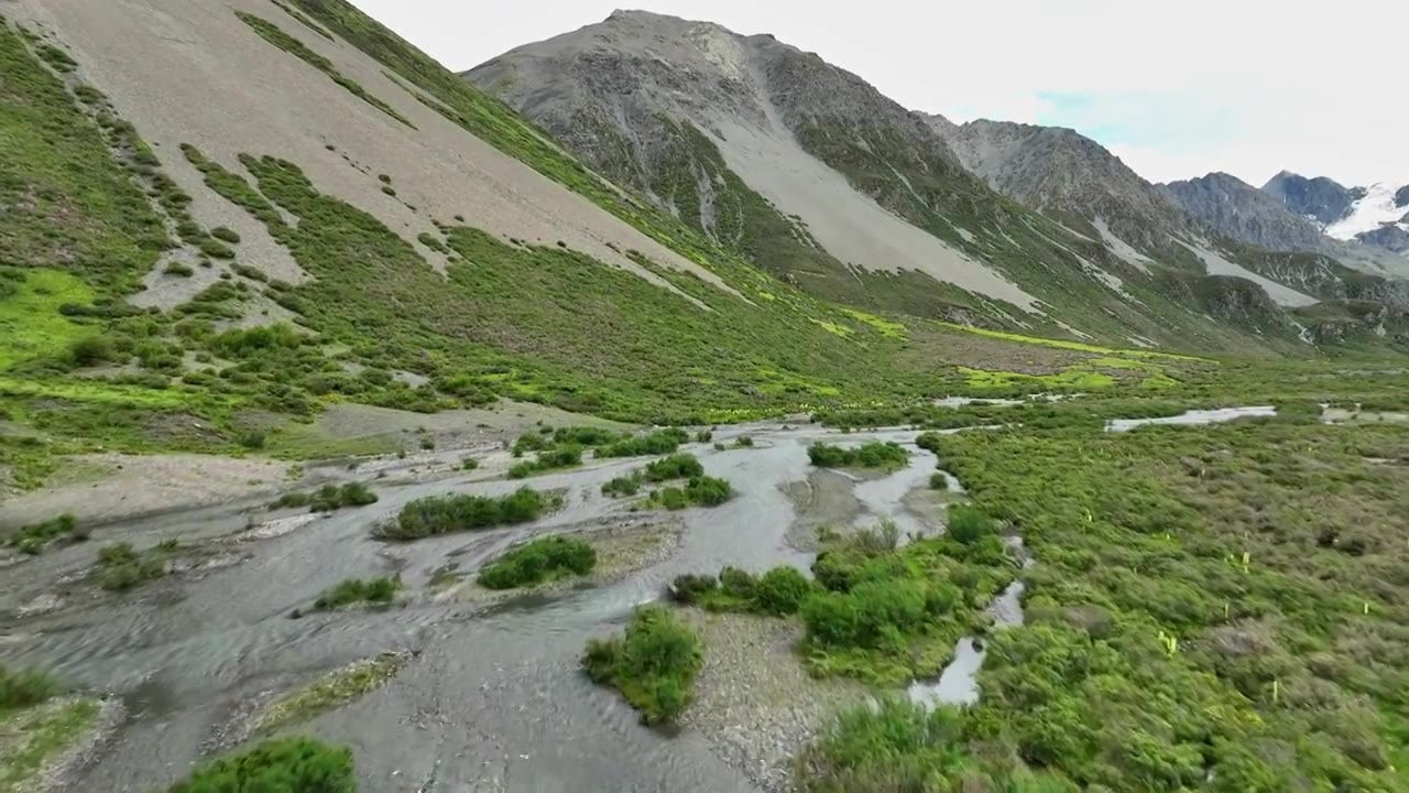 航拍四川甘孜理塘阿萨贡格雪山下的草原河流视频素材