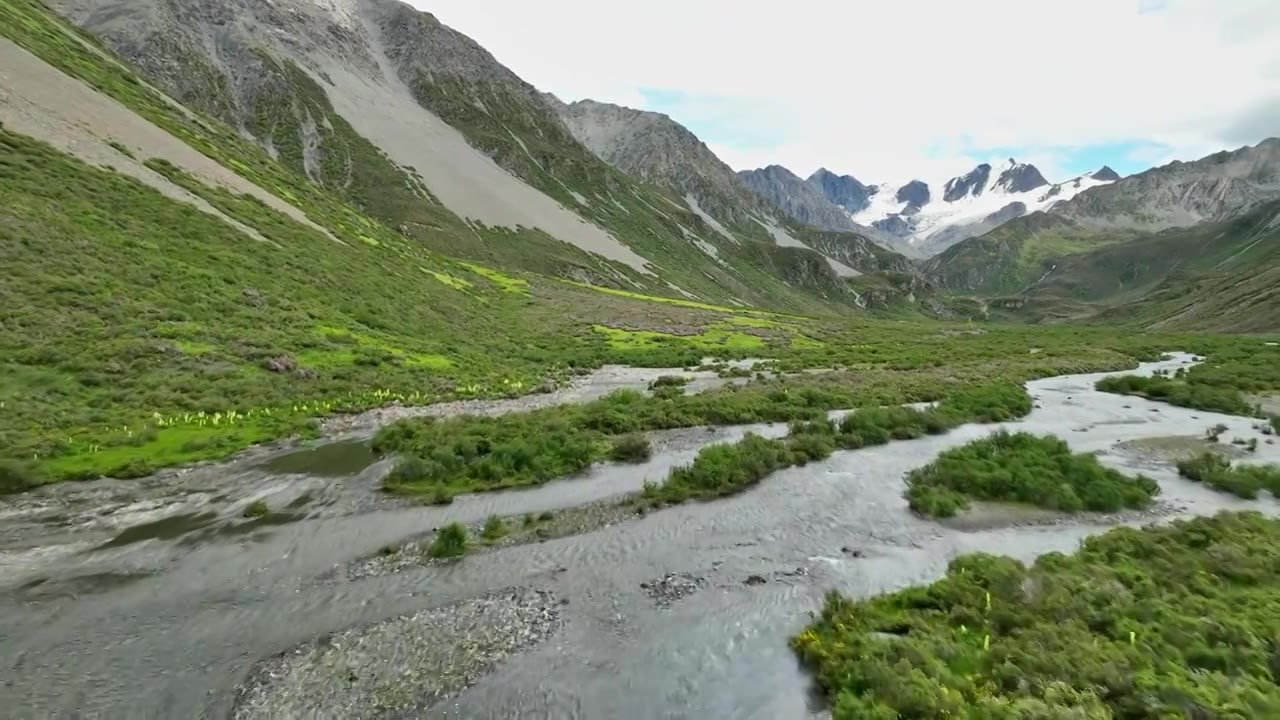 航拍四川甘孜理塘阿萨贡格雪山下的草原河流视频素材