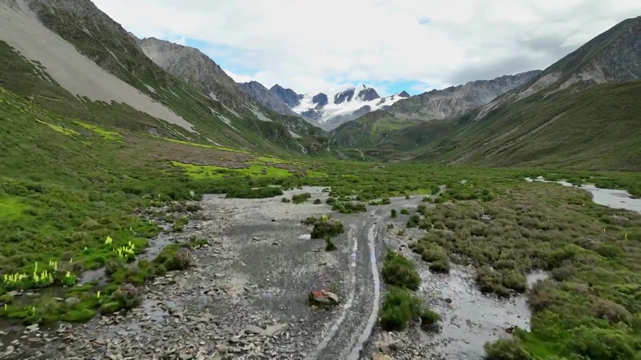 航拍四川甘孜理塘阿萨贡格雪山下的草原河流视频素材