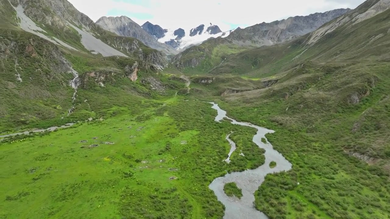 航拍四川甘孜理塘阿萨贡格雪山下的草原河流视频素材