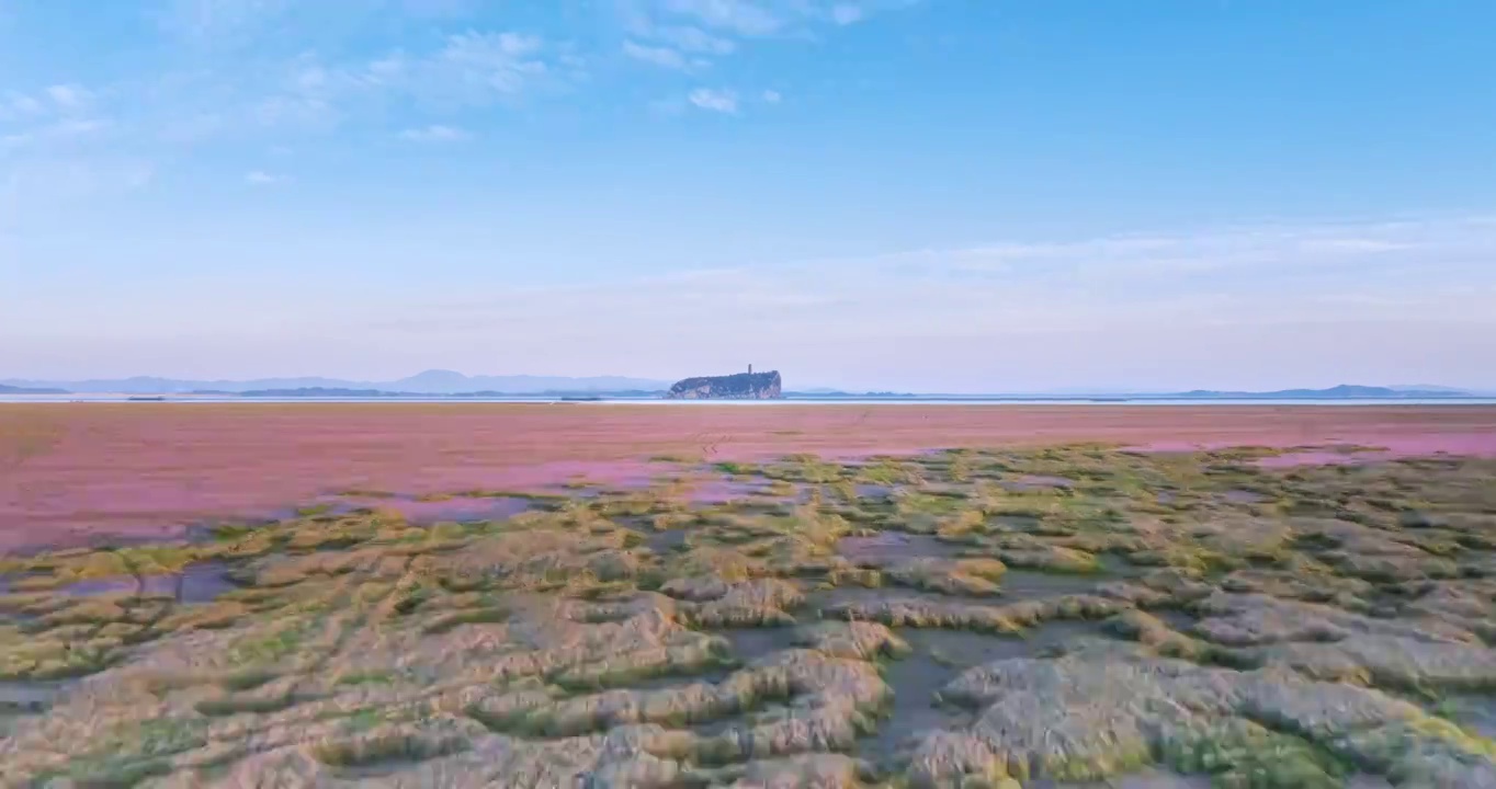 鄱阳湖鞋山粉色湖滩黄昏航拍延时视频素材