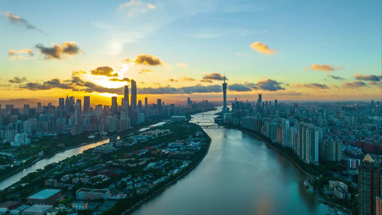 广州海珠区日出航拍延时视频素材画面1