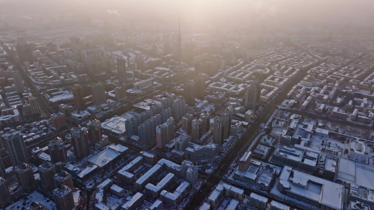 中国黑龙江哈尔滨城市雪景风光航拍视频素材