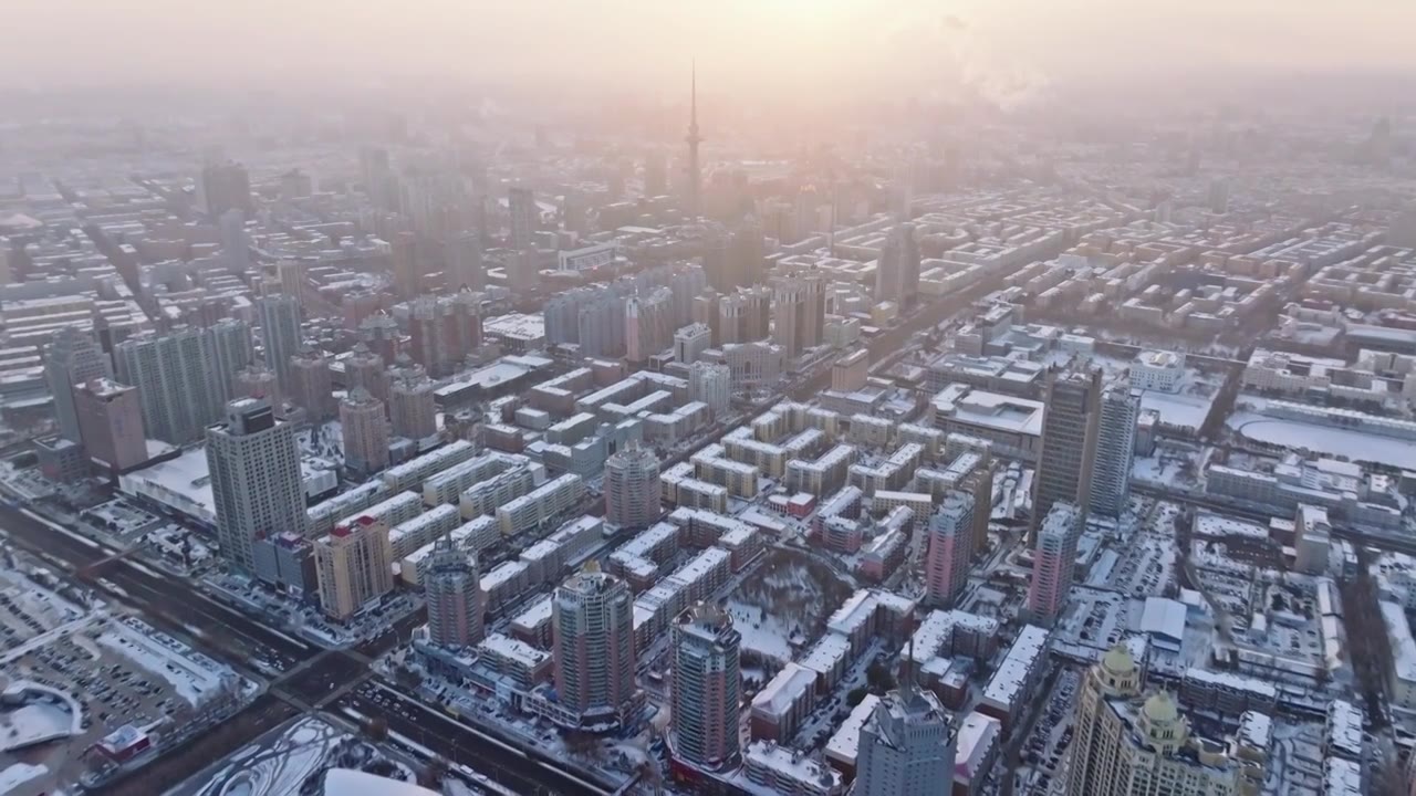 中国黑龙江哈尔滨城市雪景风光航拍视频素材